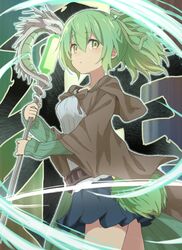  :o blue_skirt breasts brown_robe commentary_request duel_monster female green_eyes green_hair green_ribbons grey_shirt hair_between_eyes hair_ribbon highres holding holding_staff hood hood_down hooded_robe long_sleeves open_clothes open_robe parted_lips pleated_skirt ponytail ribbon robe shirt sidelocks skirt sleeves_past_wrists small_breasts solo staff tadanoshi_kabane tail wide_sleeves wynn_(yu-gi-oh!) wynn_the_wind_charmer yu-gi-oh! 