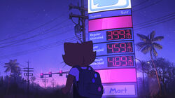  ambiguous_gender anthro backpack detailed_background domestic_cat dusk english_text felid feline felis gas_station hi_res itsdanfango mammal palms power_lines prices purple_sky sky solo star street_lamp text traffic_light twilight 