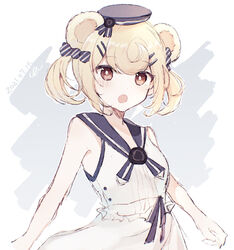  animal_ears arknights bare_arms bear_ears blonde_hair blue_bow blue_headwear blush bow brown_eyes commentary dated dress female figmnts grey_background gummy_(arknights) gummy_(summer_flowers)_(arknights) hairbow highres official_alternate_costume open_mouth short_hair sleeveless sleeveless_dress solo striped striped_bow upper_body white_background white_dress 