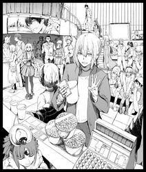  6+boys 6+girls agravain_(fate) animal_ears arash_(fate) artoria_pendragon_(fate) artoria_pendragon_(lancer)_(fate) assassin_(fate/zero) bedivere_(fate) benienma_(fate) bird_hat blush breasts cash_register closed_eyes contemporary dress fate/apocrypha fate/extra fate/grand_order fate/prototype fate/prototype:_fragments_of_blue_and_silver fate/zero fate_(series) female_assassin_(fate/zero) food fujimaru_ritsuka_(female) gareth_(fate) gawain_(fate) greyscale hassan_of_serenity_(fate) highres jacket king_hassan_(fate) knight knights_of_the_round_table_(fate) lancelot_(fate/grand_order) leonardo_da_vinci_(fate) long_hair looking_at_viewer mash_kyrielight merlin_(fate) monochrome mordred_(fate) mordred_(fate/apocrypha) multiple_boys multiple_girls nitocris_(fate) one_eye_closed open_mouth ozymandias_(fate) popcorn queen_of_sheba_(fate) scarf short_hair sitting smile stairs syatey tawara_touta_(fate) tray tristan_(fate) xuangzang_sanzang_(fate) 