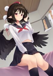  :/ alternate_costume bed between_legs bird_wings black_hair black_sailor_collar black_skirt black_socks black_wings blurry blurry_background blush bob_cut breasts closed_mouth clothes clothes_hanger collared_shirt commentary disdain dutch_angle feet_out_of_frame female frilled_skirt frills from_below half-closed_eyes hand_between_legs hand_in_own_hair hand_up hat highres indoors kanpa_(campagne_9) kneehighs knees_together_feet_apart laundry_pole leaf_print light_blush light_particles long_sleeves looking_at_viewer looking_down maple_leaf_print midriff_peek miniskirt neckerchief on_bed pleated_skirt pointy_ears pom_pom_(clothes) red_eyes red_hat red_neckerchief ruffling_hair sailor_collar school_uniform serafuku shameimaru_aya shirt short_hair short_sleeves sidelocks sitting skirt small_breasts socks solo stomach thighs tokin_hat touhou unworn_clothes white_shirt wings wooden_ceiling 