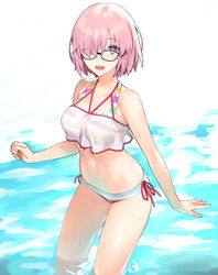  alternate_costume bikini black-framed_eyewear breasts collarbone commentary_request fate/grand_order fate_(series) female ginka_sima glasses hair_over_one_eye highres light_purple_hair looking_at_viewer mash_kyrielight mash_kyrielight_(swimsuit_of_perpetual_summer_ver.02) medium_breasts multicolored_bikini multicolored_clothes multicolored_swimsuit navel official_alternate_costume one_eye_covered open_mouth purple_eyes see-through short_hair smile solo striped_bikini striped_clothes swimsuit wading water wet 