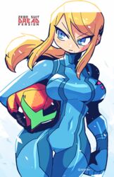  absurdres blonde_hair blue_bodysuit blue_eyes blush_stickers bodysuit breasts closed_mouth covered_navel cowboy_shot female headwear_removed helmet helmet_removed highres holding holding_helmet medium_breasts metroid mole mole_under_mouth ponytail rariatto_(ganguri) samus_aran solo standing thigh_gap zero_suit 