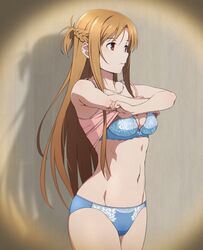  asuna_(sao) blue_bra blue_panties bra braid breasts brown_eyes brown_hair camisole closed_mouth clothes_lift collarbone commentary feet_out_of_frame female half_up_half_down_braid lifting_own_clothes long_hair medium_breasts navel panties pink_camisole pov_peephole puge shadow shirt_lift short_ponytail simple_background solo stomach sword_art_online underwear undressing 