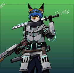  anthro armor blue_hair canid canine culpeo_fox esmerald_eyes gun hair lycalopex machete male mammal melee_weapon ranged_weapon shotgun weapon wise_(character) 