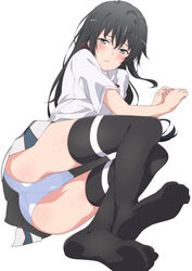  absurdres black_hair black_thighhighs blue_eyes blush bow commentary feet female hair_between_eyes highres legs long_hair looking_at_viewer no_shoes panties plaid plaid_skirt red_bow school_uniform shirt shou937 simple_background skirt sobu_high_school_uniform soles solo thigh_gap thighhighs toes underwear white_panties white_shirt yahari_ore_no_seishun_lovecome_wa_machigatteiru. yukinoshita_yukino 