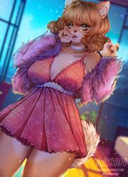  aishin anthro balcony beautiful_background blush clothed clothing digital_media_(artwork) evening female fluffy fluffy_tail fur furniture hair hi_res inside light looking_at_viewer night open_mouth pinup pose shaded smile soft_shading solo sparkles summer tail warm_lighting 