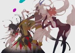  2boys animal_ears arjuna_(fate) arjuna_alter_(fate) ashiya_douman_(fate) asymmetrical_clothes asymmetrical_hair bell black_eyes black_hair breasts cleavage curly_hair dark-skinned_male dark_skin earrings fate/grand_order fate_(series) feet_out_of_frame female fighting_stance fingernails fox_ears fox_girl fox_tail green_kimono green_nails gsgs hadanugi_dousa hair_bell hair_between_eyes hair_intakes hair_ornament japanese_clothes jester jewelry kimono koyanskaya_(assassin)_(first_ascension)_(fate) koyanskaya_(fate) long_hair magatama magatama_earrings male_focus multicolored_hair multiple_boys open_clothes open_kimono ribbed_sleeves sharp_fingernails shikigami tail tamamo_(fate) toned toned_male two-tone_hair very_long_hair white_hair 