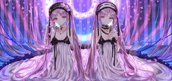  2girls absurdly_long_hair breasts bug butterfly cleavage closed_mouth collarbone dress euryale_(fate) fate/hollow_ataraxia fate_(series) frilled_dress frills highres jewelry long_dress long_hair looking_at_viewer multiple_girls necklace parted_bangs pink_hair purionpurion purple_eyes siblings sisters sitting sleeveless sleeveless_dress small_breasts smile stheno_(fate) very_long_hair white_dress 