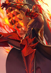  1boy abs armor ashwatthama_(fate) blonde_hair dark-skinned_male dark_skin dynamic_pose fate/grand_order fate_(series) fighting_stance fire from_behind gloves glowing glowing_armor glowing_eye gold hair_between_eyes hair_over_one_eye highres holding holding_weapon huge_weapon large_pectorals looking_at_viewer looking_back male_focus multicolored_hair muscular muscular_male nipples one_eye_covered open_mouth pectorals red_hair short_hair solo streaked_hair teeth topless_male upper_body weapon wheel yellow_eyes zonotaida 