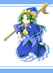  ascot blue_capelet blue_hat blue_shirt blue_skirt bow capelet collared_shirt commentary_request crescent female frilled_skirt frills full_body ghost_tail green_eyes green_hair hat hat_bow highres holding holding_staff killing long_hair long_sleeves mima_(touhou) parted_bangs shirt skirt solo staff sun_print touhou touhou_(pc-98) wizard_hat yellow_ascot yellow_bow 