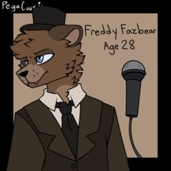  1:1 2022 anthro bear black_tie_(suit) blue_eyes bored brown_body brown_clothing brown_fur brown_suit clothing digital_media_(artwork) electronics fangs five_nights_at_freddy&#039;s freckles freddy_(fnaf) fur hat headgear headwear looking_offscreen male mammal microphone microphone_wire model_sheet necktie pegacousin scottgames singer solo suit teeth top_hat watermark 