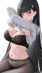  absurdres black_bra black_hair black_pantyhose blue_archive blunt_bangs blush bra breasts bright_pupils cleavage clothes_lift commentary commentary_typo crotch_seam english_commentary female hair_behind_ear hair_ornament hairclip highres lifting_own_clothes long_hair looking_at_viewer medium_breasts navel open_mouth panties panties_under_pantyhose pantyhose red_eyes ribbed_sweater rio_(blue_archive) rosumerii simple_background solo stomach string_panties sweater sweater_lift turtleneck turtleneck_sweater underwear undressing very_long_hair white_background white_pupils white_sweater 