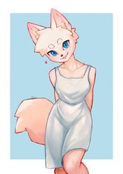  2023 absurd_res anthro blue_eyes breasts canid canine clothed clothing collarbone color_fox dress eyebrows female fox front_view fur heart_symbol hi_res mammal monotone_body monotone_fur monotone_tail signature solo tail teeth white_clothing white_dress 