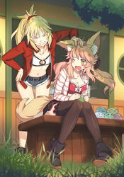  2girls animal_ear_fluff animal_ears belt bent_over black_footwear black_hairband black_legwear blonde_hair bow bra breasts casual cleavage closed_eyes collarbone commentary commission cup day english_commentary eudetenis eyebrows_behind_hair fate/apocrypha fate/extra fate/extra_ccc fate_(series) flustered fox_ears fox_girl fox_tail frilled_legwear full_body grass grin hairband hand_on_another&#039;s_head hand_on_hip high_heels hood hoodie jacket large_breasts long_hair long_sleeves mordred_(fate) mordred_(memories_at_trifas)_(fate) mug multiple_girls navel oerba_yun_fang one_eye_closed open_clothes open_hoodie open_mouth outdoors pink_bra pink_hair ponytail red_hairband red_jacket short_shorts shorts sitting skin_fang small_breasts smile standing striped striped_hoodie tail tamamo_(fate) tamamo_no_mae_(fate/extra) tamamo_no_mae_(spring_casual)_(fate) teeth thighhighs tongue underwear white_bow white_bra yellow_eyes 