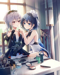  2girls ahoge alternate_hairstyle arm_around_shoulder bare_shoulders black_dress black_gloves black_hair blue_eyes blue_hair breasts bronya_zaychik bronya_zaychik_(black_nucleus) chair collarbone compact_(cosmetics) cosmetics dangmyo day detached_sleeves dress flower gloves grey_hair hair_between_eyes hair_flower hair_ornament highres holding honkai_(series) honkai_impact_3rd indoors jewelry korean_commentary light lipstick_tube long_hair long_sleeves looking_at_another makeup makeup_brush medium_breasts mirror multicolored_hair multiple_girls nail_polish_bottle ponytail red_eyes reflection seele_vollerei shadow short_hair sitting smile thighs two-tone_hair white_dress window 