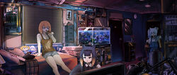  3girls absurdres air_conditioner bed blonde_hair blue_eyes blue_hair blunt_bangs blush boom_microphone bubba_(watson_amelia) bug character_doll chest_of_drawers clock coffee_mug cup door fish fish_tank food gawr_gura gawr_gura_(casual) grey_hair hair_ornament highres hololive hololive_english indoors long_hair mcnuggies_(meme) meme mug multicolored_hair multiple_girls ninomae_ina&#039;nis ninomae_ina&#039;nis_(casual) official_alternate_costume open_mouth parody phone pizza pizza_box pointy_ears purple_hair room sandwich shoes shorts smol_ame soda_bottle streaked_hair style_parody tank_top tentacle_hair very_long_hair virtual_youtuber vyragami walfie_(style) water watson_amelia window_blinds 