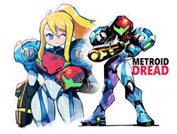  absurdres arm_cannon blonde_hair blue_eyes female headwear_removed helmet helmet_removed highres metroid metroid_dread one_eye_closed ponytail pose power_armor rariatto_(ganguri) samus_aran sidelocks smile weapon 