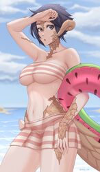  au_ra bad_id bad_twitter_id bandeau beach bikini bikini_skirt black_eyes black_hair breasts commentary commission contrapposto cowboy_shot day english_commentary female final_fantasy final_fantasy_xiv hand_on_forehead highres horn_ornament horn_ring horns innertube large_breasts looking_at_viewer lykos_(quashlykos) miniskirt monster_girl navel ocean outdoors parted_lips pink_bikini scales shellvi short_hair skirt solo standing striped_bikini striped_clothes sweat swim_ring swimsuit tail underboob warrior_of_light_(ff14) watermelon_innertube wristband 