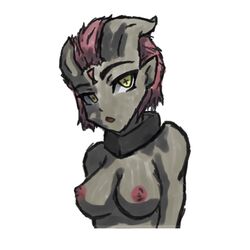  breasts collarbone colored_skin cropped_torso draenei female grey_skin jewelry looking_at_viewer neck_ring open_mouth red_hair secondscrub short_hair solo upper_body warcraft yellow_eyes 