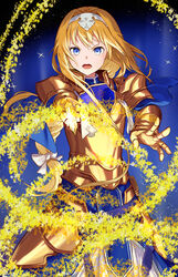  absurdres alice_zuberg armor armored_dress blonde_hair blue_background blue_cape blue_dress blue_eyes bow breastplate cape dress energy energy_blade faulds female floating_hair gauntlets glowing glowing_sword glowing_weapon gold_armor hairband hairbow highres holding holding_sword holding_weapon knight long_hair looking_at_viewer magic mosta_(lo1777789) open_mouth osmanthus_blade pauldrons sheath shoulder_armor solo standing sword sword_art_online sword_art_online:_alicization unsheathed very_long_hair weapon white_bow white_hairband 