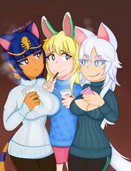  1boy 2021 2girls animal_crossing animal_crossing_new_horizons animal_ears ankha big_breasts blonde_hair blue_hair breasts bunny_boy bunny_ears cat_girl cat_tail catgirl cleavage clothed clothed_female clothed_male clothing coffee female femboy femboy_on_female ffm frown happy_female kemonomimi male nekomatic nintendo orange_skin pocky sasha_(animal_crossing) smile straight sweater two_tone_hair unhappy_female white_hair whitney_(animal_crossing) wolf_ears wolf_girl wolf_tail 