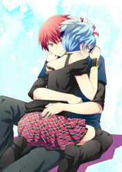  2boys akabane_karma androgynous ansatsu_kyoushitsu artist_request blue_eyes blue_hair blush boots brown_eyes crossdressing hair_ribbon hug looking_at_viewer looking_back male_focus multiple_boys red_hair shiota_nagisa short_twintails skirt smile strap_slip thighhighs trap twintails yaoi 