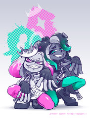  2017 5_fingers animal_humanoid boots breasts cephalopod cephalopod_humanoid chatonlaser clothing crown dark_body dark_skin dress duo english_text eyebrows eyelashes fangs female fingerless_gloves fingers footwear gloves green_eyes hair handwear headgear hi_res humanoid inkling jacket long_hair marina_(splatoon) marine marine_humanoid markings mask midriff mole_(marking) mollusk mollusk_humanoid navel navel_piercing navel_stud nintendo octarian octoling off_the_hook_(splatoon) pearl_(splatoon) piercing pose pseudo_hair purple_eyes short_hair smile splatoon suction_cup teeth tentacle tentacle_hair text topwear 