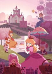  2boys 4girls basket blonde_hair bread cake cane castle commentary_request crown cup dress field food gift grass hans_tseng highres kettle lake long_dress luma_(mario) mario_(series) multiple_boys multiple_girls mushroom perry_(mario) picnic_basket plate pouring princess_daisy princess_peach princess_peach&#039;s_castle red_toad_(mario) rosalina sitting super_mario_galaxy teacup toad_(mario) toadette toadsworth tree tree_stump 