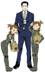  1boy 2girls :d brown_eyes brown_hair choshichiro collared_shirt demonica demoniho dress_shirt formal futami_ami futami_mami hair_bobbles hair_ornament idolmaster idolmaster_(classic) md5_mismatch multiple_girls open_mouth salute scrunchie shin_megami_tensei shin_megami_tensei:_strange_journey shirt short_hair siblings side_ponytail simple_background smile standing suit tadano_hitonari twins uniform white_background 