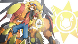  2boys apollomon armband armor black_jacket blonde_hair blue_eyes blue_shorts chinese_commentary claws commentary_request digimon digimon_(creature) digimon_story:_sunburst_and_moonlight digitama digivice digivice_ic dk_(13855103534) egg goggles goggles_on_head highres jacket koh_(digimon) light_fang_(digimon) lion long_hair male_focus mane monster multiple_boys pants photoshop_(medium) red_eyes red_hair red_shirt shirt short_hair shorts shoulder_armor simple_background smile very_long_hair white_background zero_unit 