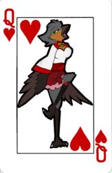  2015 anthro avian beak big_breasts bird breasts card card_template chat_(bird) clothed clothing european_robin feathered_wings feathers female green_eyes heart_symbol hearts_(suit) legwear leonthekitsune looking_at_viewer non-mammal_breasts old_world_flycatcher open_mouth oscine passerine playing_card playing_card_template queen_of_hearts_(card) red_robin_oc robin_(bird) saxicoline simple_background solo suit_symbol tongue wings 