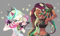  2017 5_fingers animal_humanoid breast_size_difference breasts cephalopod cephalopod_humanoid clothing crown dark_body dark_skin dress duo electronics eyebrows eyelashes female fingerless_gloves fingers flat_chested gloves green_eyes hair handwear headgear headphones humanoid inkling jacket long_hair marina_(splatoon) marine marine_humanoid markings mask midriff mole_(marking) mollusk mollusk_humanoid navel navel_piercing navel_stud nintendo octarian octoling off_the_hook_(splatoon) one_eye_closed pearl_(splatoon) piercing pseudo_hair short_hair smile splatoon suction_cup tentacle tentacle_hair topwear wink yellow_eyes しぶ 