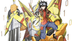  2boys armor artificial_wings black_hair blue_shorts brown_eyes commentary_request digimon digimon_(creature) digimon_next digitama digivice dk_(13855103534) dragon egg fake_horns gem goggles goggles_on_head green_eyes helmet highres horned_headwear horned_helmet horns huge_weapon jacket male_focus monster multiple_boys photoshop_(medium) red_hair red_shirt serious shirt shorts shoulder_armor shoulder_spikes single_horn spikes sword tatsuno_tsurugi victorygreymon weapon wings 