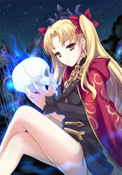  aura blonde_hair cloak commentary_request crossed_legs earrings ereshkigal_(fate) fate/grand_order fate_(series) female hair_ribbon himaya hood hooded_cloak jewelry legs long_hair long_sleeves looking_at_viewer night orange_eyes outdoors parted_bangs photoshop_(medium) red_cloak red_eyes ribbon sitting skull solo spine tiara twintails 