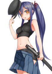  alternate_breast_size bare_shoulders blue_hair breasts bushidou_(sekaiju) bushidou_2_(sekaiju) commentary_request covered_nipples female hat impossible_clothes long_hair looking_at_viewer medium_breasts midriff navel pleated_skirt ponytail sekaiju_no_meikyuu sekaiju_no_meikyuu_1 seramikku skirt sleeveless sleeveless_turtleneck solo sword turtleneck weapon white_background yellow_eyes 