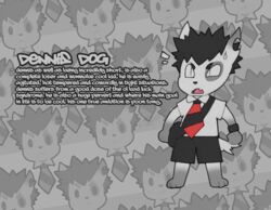  anthro bag barkin_mad biography bottomwear bull_terrier canid canine canis clothing dennis_the_dog domestic_dog english_text hair hunting_dog male mammal necktie pupils school_uniform shorts slit_pupils smokyjai solo spiky_hair terrier text uniform young young_anthro young_male 