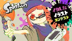  beret commentary_request copyright_name female game_console hat holding inkling inkling_girl inkling_player_character inoue_seita long_hair official_art one_eye_closed orange_eyes orange_hair paint paint_splatter paintbrush solo splatoon_(series) splatoon_1 tentacle_hair wii_u wii_u_gamepad 