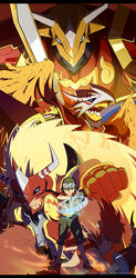  1boy agnimon armor black_hair blonde_hair blue_eyes claws commentary_request digimon digimon_(creature) digimon_frontier digivice drawinglee evolutionary_line fangs fiery_wings fire flamon fur gloves goggles goggles_on_headwear green_eyes hat helmet highres horns kaisergreymon kanbara_takuya letterboxed long_hair mask monster multiple_persona photoshop_(medium) red_hair short_hair shorts smile socks spikes sword vritramon weapon wings 