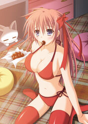  arm_support bad_id bad_pixiv_id bikini blue_eyes blush breasts brown_hair chocolate cleavage commentary_request feline female food large_breasts long_hair looking_away mouth_hold navel original photoshop_(medium) pillow red_bikini shinoyama_haruka shunrei_(blue_sanctuary) side-tie_bikini_bottom sitting solo strap_gap swimsuit thighhighs twintails wariza 