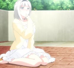  anna_nishikinomiya blush breasts choker cleavage dress eyelashes female female finger_in_mouth hairband large_breasts outdoors screencap shimoneta_to_iu_gainen_ga_sonzai_shinai_taikutsu_na_sekai short_hair sitting solo stitched white_dress white_hair 