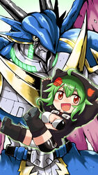  1boy armor bandai bikini_top blue_armor breasts chibi digimon digimon_story:_cyber_sleuth digimon_world_re:digitize dragon female female full_armor green_hair horns looking_at_viewer monster n36hoko royal_knights shinomiya_rina sweater ulforceveedramon wings 