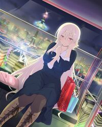  bag blonde_hair blush boots breasts city city_lights cityscape closed_mouth dress female ferris_wheel_interior highres kiritsusei_juuji_academy_uniform large_breasts leo_(senran_kagura) long_hair looking_at_viewer night night_sky official_art pantyhose purple_eyes school_uniform senran_kagura senran_kagura_new_wave shopping_bag sitting sky smile solo very_long_hair yaegashi_nan 