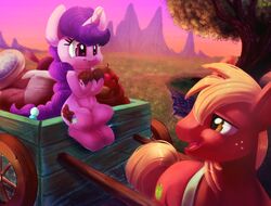  2018 big_macintosh_(mlp) cutie_mark detailed_background digital_media_(artwork) duo equid equine feral freckles friendship_is_magic fur hair hasbro hi_res horn male mammal my_little_pony mythological_creature mythological_equine mythology open_mouth outside plant sitting smile sugar_belle_(mlp) thediscorded tree unicorn 