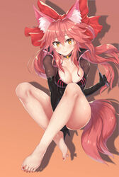  absurdres animal_ear_fluff animal_ears barefoot between_legs black_choker black_gloves blush bow breasts choker cleavage closed_mouth commentary elbow_gloves fate/grand_order fate_(series) feet female fox_ears fox_tail gloves hairbow hand_between_legs highres koyanskaya_(assassin)_(first_ascension)_(fate) koyanskaya_(fate) large_breasts legs long_hair looking_at_viewer nail_polish orange_background photoshop_(medium) pink_hair red_bow red_nails shadow simple_background smile solo symbol-only_commentary tail tamamo_(fate) tamamo_no_mae_(fate/extra) toenail_polish toenails toes twintails xiao_miao 