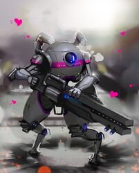  1_eye 4_fingers absurd_res big_gun blue_eyes blush colored_nails doll_joints electronic_arts english_text fingers front_view full-length_portrait glowing glowing_eyes grey_body grey_skin gun heart_symbol hi_res holding_object light_body light_skin machine nails northstar_(titanfall) not_furry pale_skin pink_nails portrait psyk323 ranged_weapon respawn_entertainment robot solo text thick_thighs titanfall weapon 