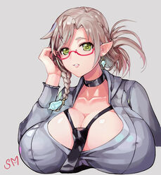  adjusting_eyewear asymmetrical_bangs asymmetrical_hair black_necktie braid breasts character_request choker cleavage collarbone commentary_request covered_nipples earrings female glasses green_eyes grey_background grey_shirt hair_ornament heart heart-shaped_pupils huge_breasts jewelry light_brown_hair long_hair long_sleeves looking_at_viewer loose_necktie necktie original parted_lips photoshop_(medium) pink-framed_eyewear pink_lips pointy_ears ponytail semi-rimless_eyewear shiny_skin shirt short_eyebrows signature sima_(startwitch) simple_background smile solo symbol-shaped_pupils teeth under-rim_eyewear upper_body 