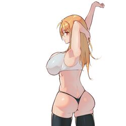  arm_up armpits ass back black_panties black_thighhighs breasts cleavage commentary_request covered_nipples cowboy_shot female from_behind highres hikaru_ga_chikyuu_ni_itakoro large_breasts light_smile long_hair looking_at_viewer looking_back orange_eyes outline panties puffy_nipples shikibu_honoka shiny_clothes shiny_skin sima_(startwitch) simple_background skindentation solo sports_bra stretching thighhighs thong toned underwear underwear_only white_background white_sports_bra 