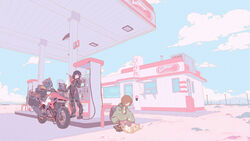  2girls alternate_costume backpack bag biker_clothes bikesuit black_hair blue_sky bodysuit brown_hair day diner feline gas_pump gas_pump_nozzle gas_station headpat helmet highres kill_la_kill looking_at_another mankanshoku_mako matoi_ryuuko motor_vehicle motorcycle multiple_girls open_mouth shoes short_hair sky smile sneakers squatting tomboy unworn_headwear unworn_helmet zhen_long 