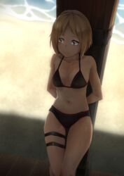  absurdres bare_shoulders beach bikini black_bikini blonde_hair blush breasts brown_eyes cleavage closed_mouth commentary_request day expressionless female girls&#039;_frontline highres looking_away mp40_(girls&#039;_frontline) navel ocean outdoors shadow shore short_hair solo standing sweat swimsuit tan tanlines thighs triangle_bullet water 